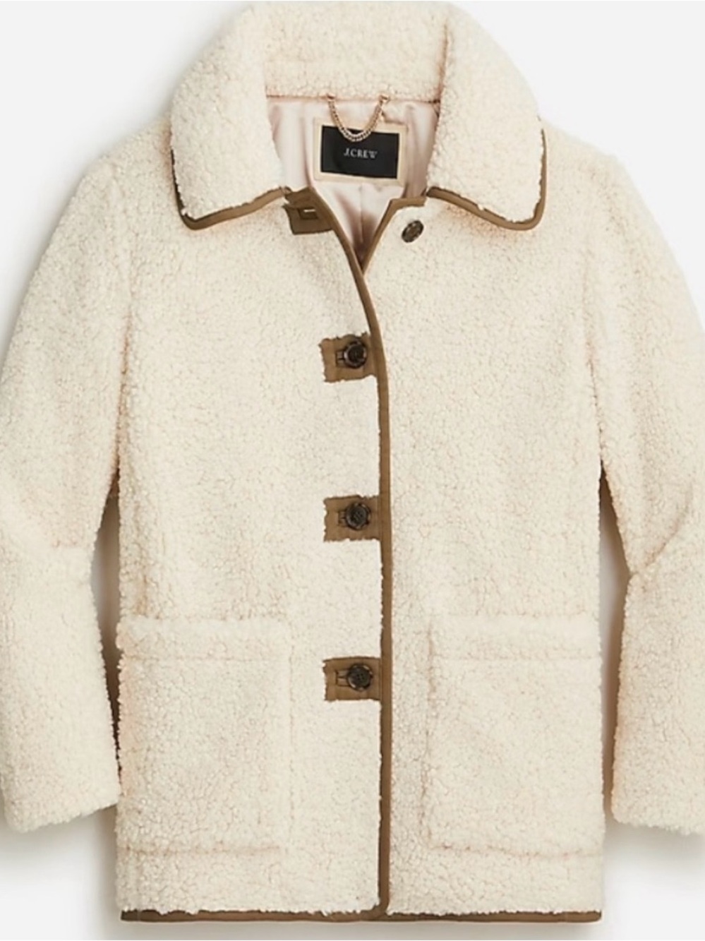 J.Crew Teddy Sherpa Jacket — Dusty Ivory/Olive Trim — Size S — NWOT